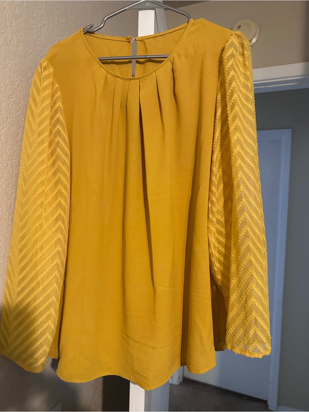 SHEIN Mustard Yellow Pleated Front Long Sleeve Blouse